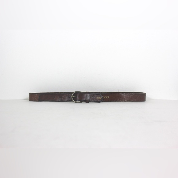 Cognac Brown Rustic Leather Belt with Antiqued Brass Buckle and Topstitching - Picture 4 of 7